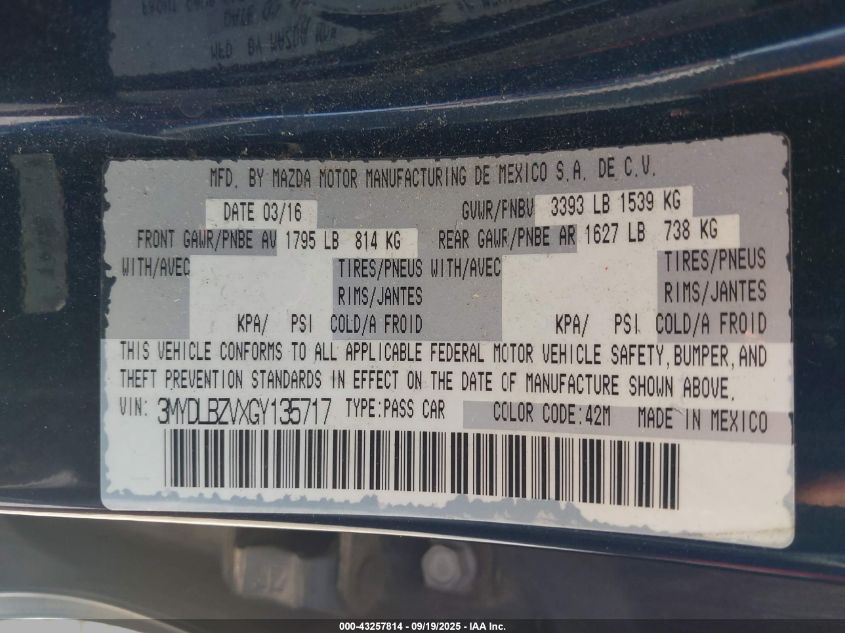 2016 Scion Ia VIN: 3MYDLBZVXGY135717 Lot: 43257814