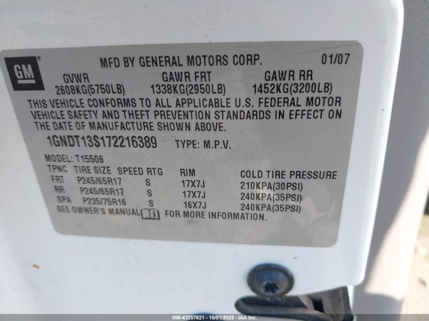 2007 Chevrolet Trailblazer Ls VIN: 1GNDT13S172216389 Lot: 43257821