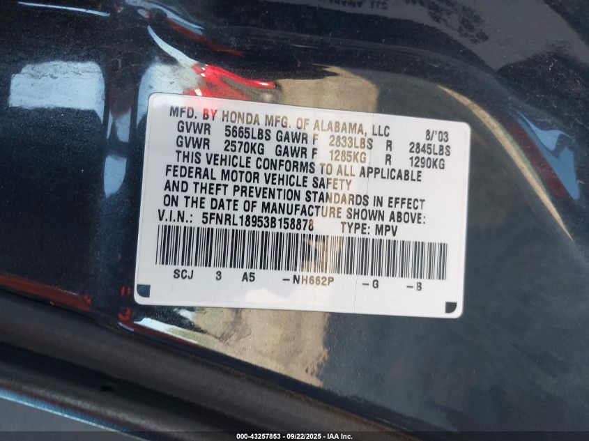 2003 Honda Odyssey Ex-L VIN: 5FNRL18953B158878 Lot: 43257853