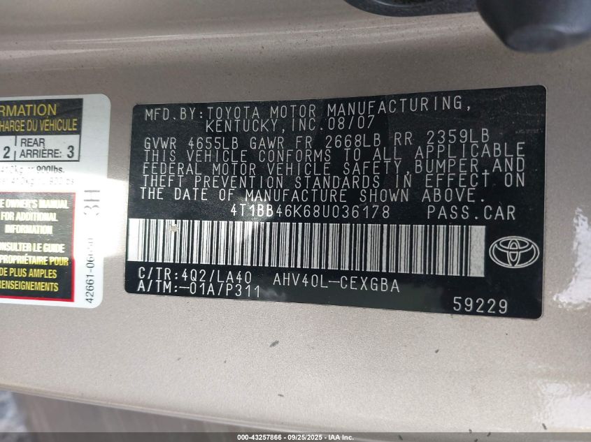 2008 Toyota Camry Hybrid VIN: 4T1BB46K68U036178 Lot: 43257866