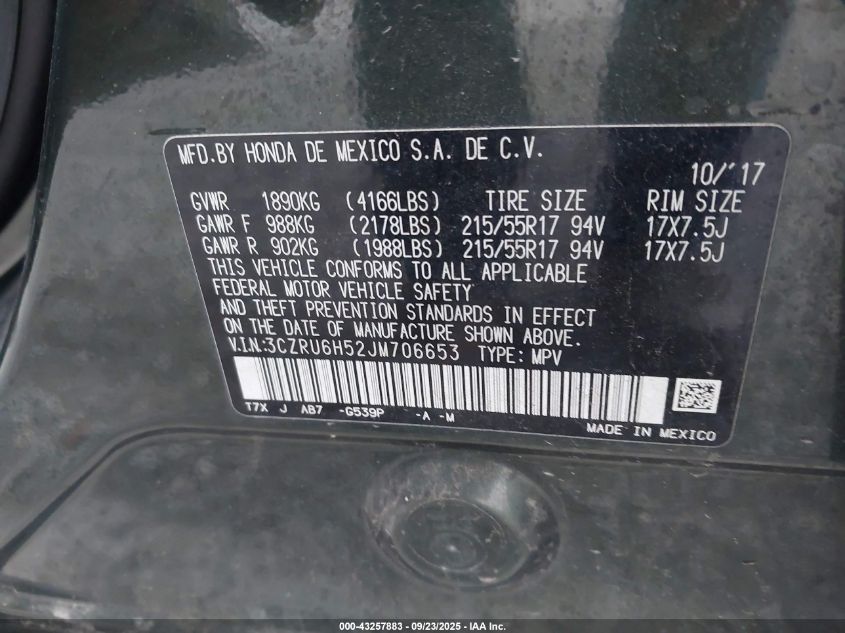 2018 Honda Hr-V Ex VIN: 3CZRU6H52JM706653 Lot: 43257883