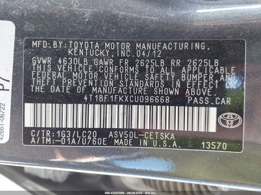 2012 Toyota Camry Se VIN: 4T1BF1FKXCU096668 Lot: 43257890