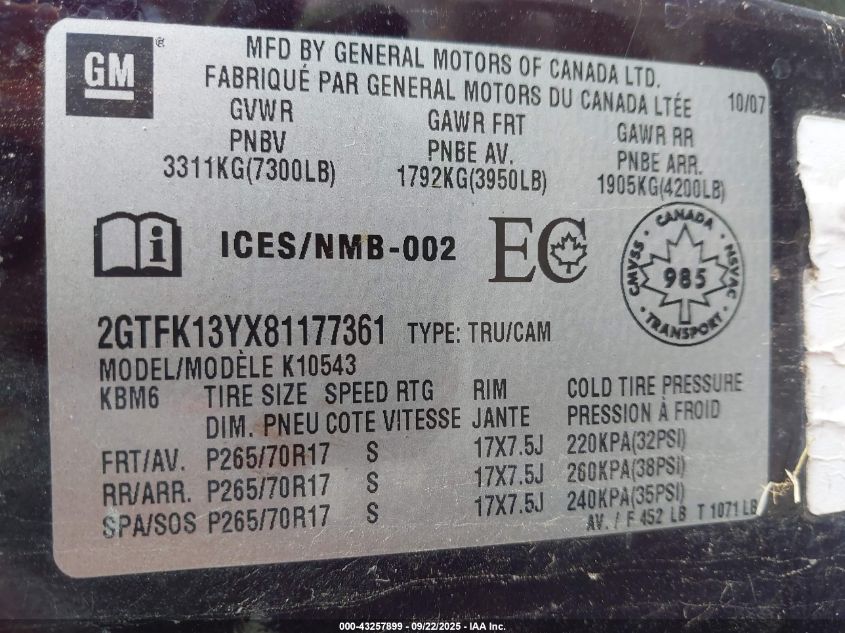 2008 GMC Sierra 1500 Sle1/Sle2/Slt VIN: 2GTFK13YX81177361 Lot: 43257899