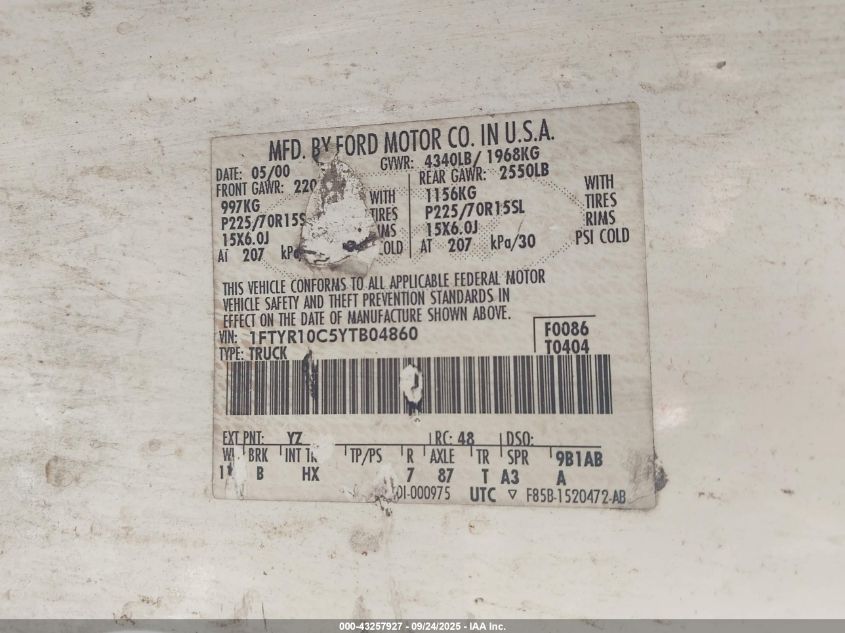 2000 Ford Ranger Xl/Xlt VIN: 1FTYR10C5YTB04860 Lot: 43257927