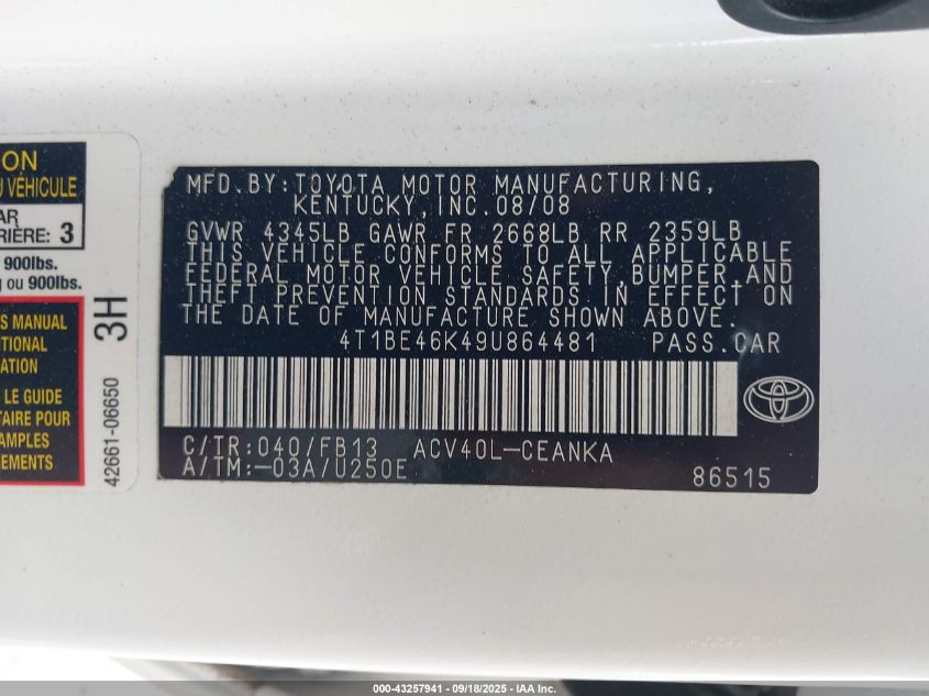 2009 Toyota Camry Le VIN: 4T1BE46K49U864481 Lot: 43257941