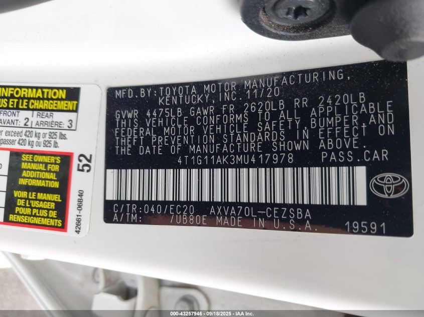 2021 Toyota Camry Se Nightshade Edition VIN: 4T1G11AK3MU417978 Lot: 43257946