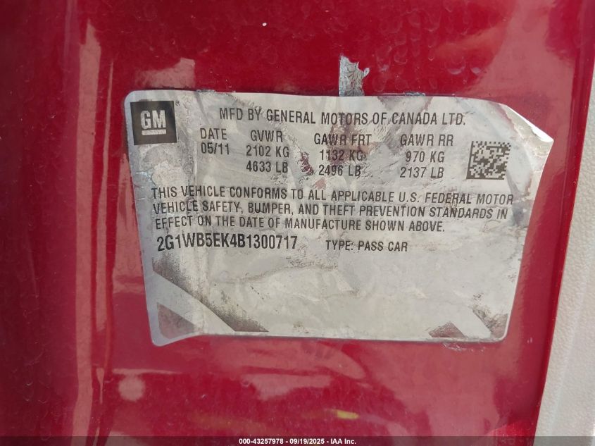 2011 Chevrolet Impala Lt VIN: 2G1WB5EK4B1300717 Lot: 43257978