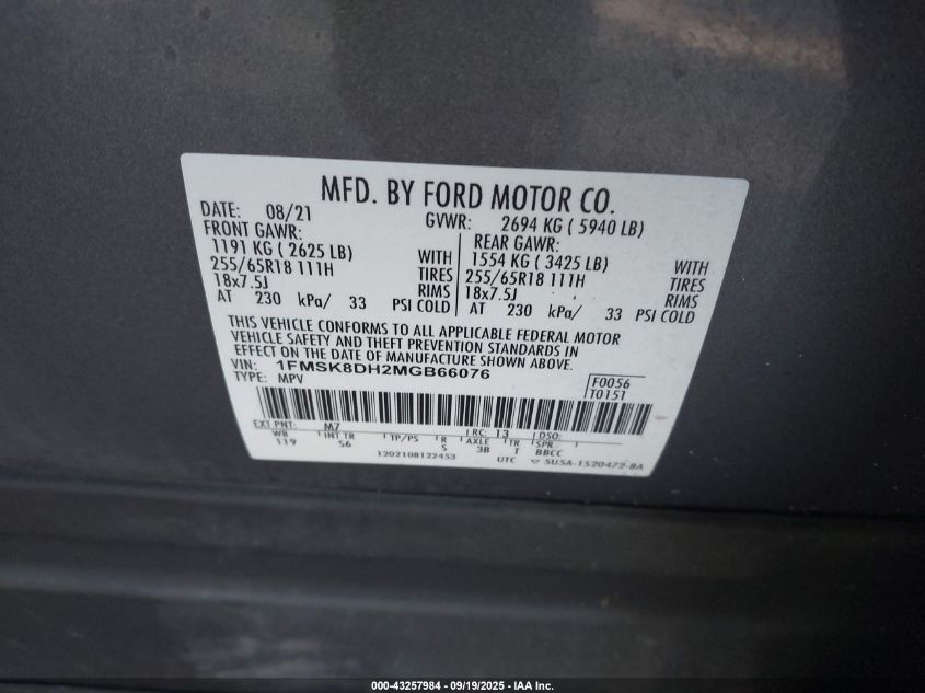 2021 Ford Explorer Xlt VIN: 1FMSK8DH2MGB66076 Lot: 43257984