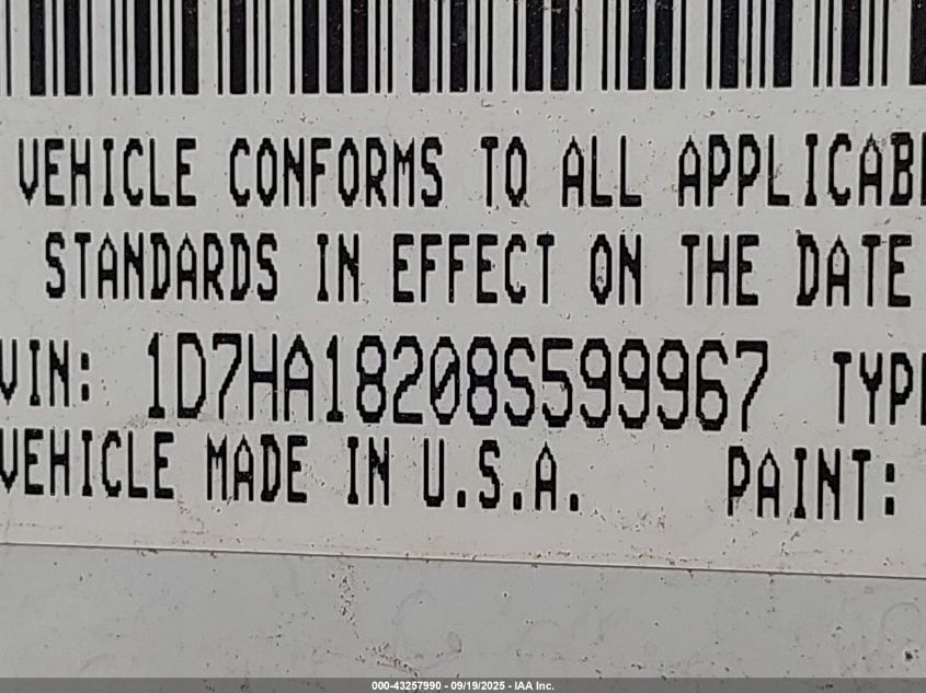 2008 Dodge Ram 1500 Slt VIN: 1D7HA18208S599967 Lot: 43257990