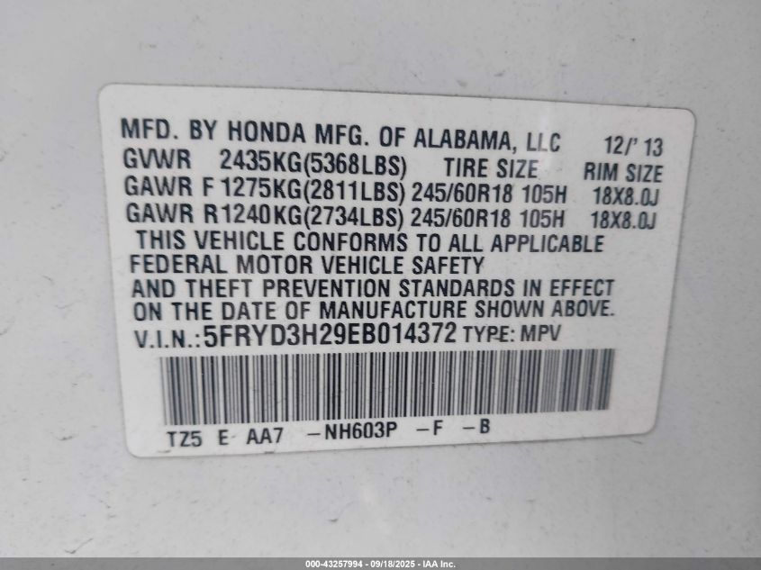 2014 Acura Mdx VIN: 5FRYD3H29EB014372 Lot: 43257994