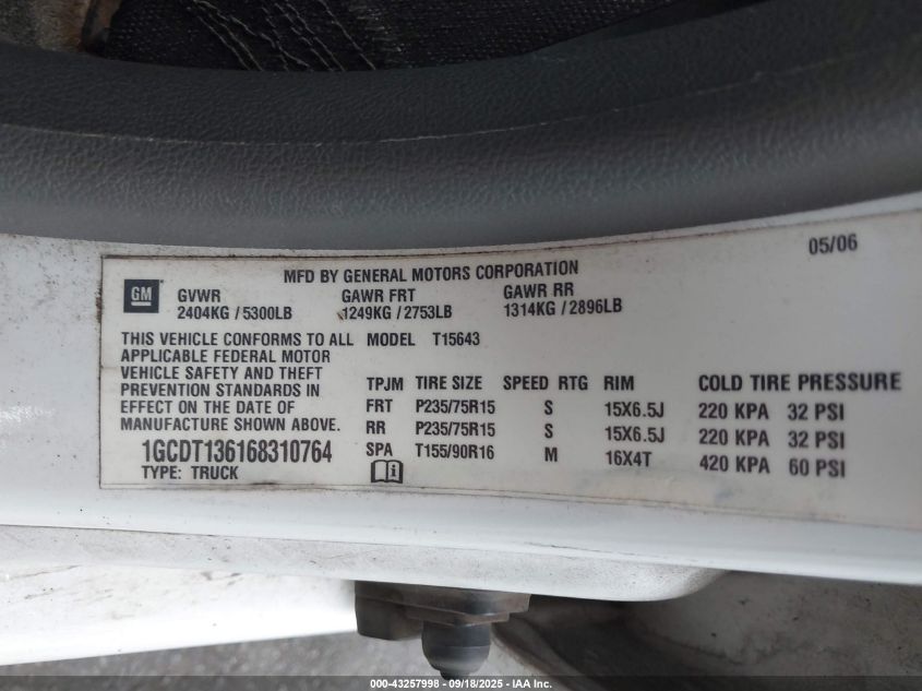 2006 Chevrolet Colorado Lt VIN: 1GCDT136168310764 Lot: 43257998