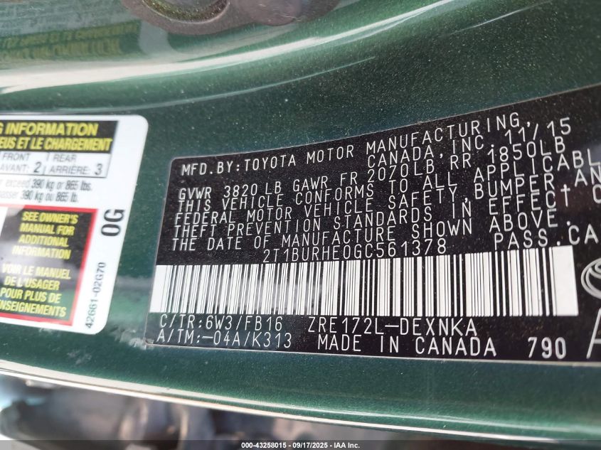 2016 Toyota Corolla Le VIN: 2T1BURHE0GC561378 Lot: 43258015