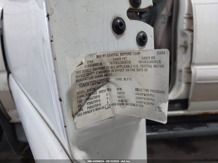 2004 Chevrolet Tahoe Lt VIN: 1GNEK13Z24J255692 Lot: 43258024