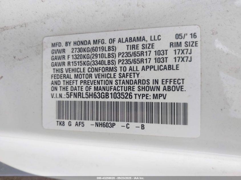 2016 Honda Odyssey Ex-L VIN: 5FNRL5H63GB103526 Lot: 43258028