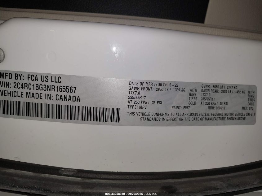 2022 Chrysler Pacifica Touring L VIN: 2C4RC1BG3NR165567 Lot: 43258030
