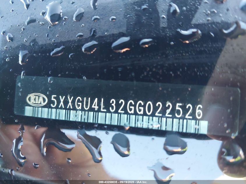 2016 Kia Optima Ex VIN: 5XXGU4L32GG022526 Lot: 43258035