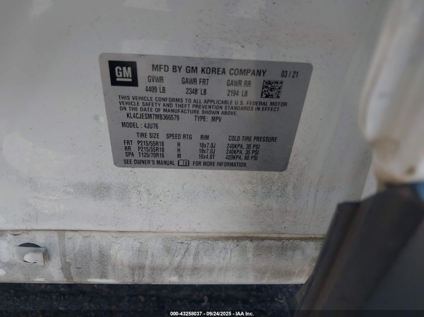 2021 Buick Encore Awd Preferred VIN: KL4CJESM7MB366579 Lot: 43258037