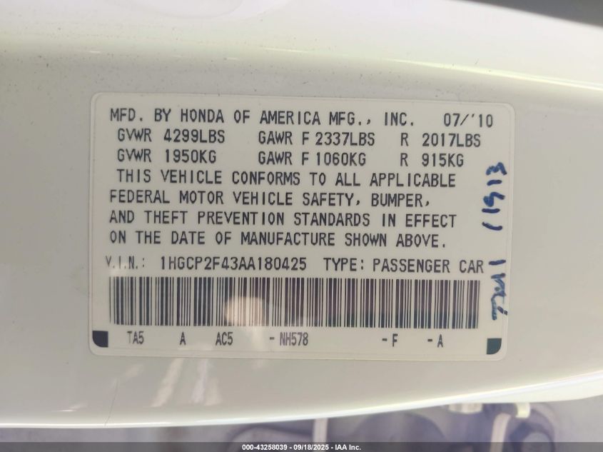 2010 Honda Accord 2.4 Lx-P VIN: 1HGCP2F43AA180425 Lot: 43258039