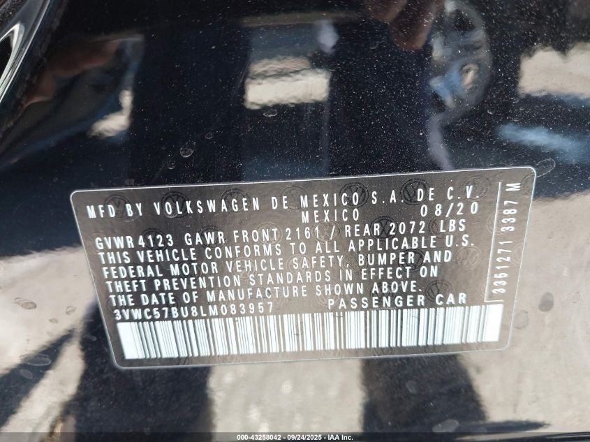 2020 Volkswagen Jetta 1.4T R-Line/1.4T S/1.4T Se VIN: 3VWC57BU8LM083957 Lot: 43258042