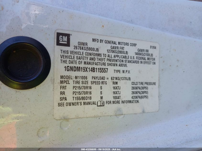 2004 Chevrolet Astro VIN: 1GNDM19X14B115557 Lot: 43258059