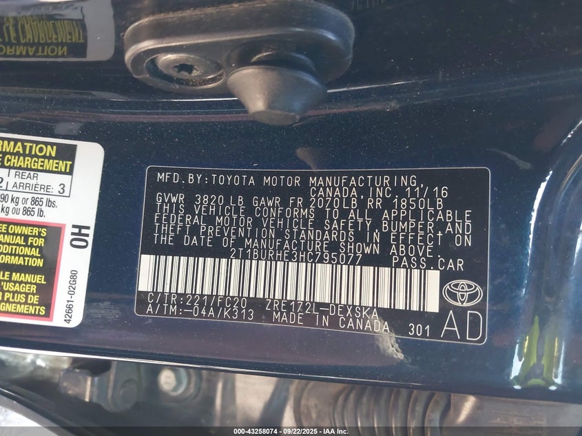 2017 Toyota Corolla Se VIN: 2T1BURHE3HC795077 Lot: 43258074