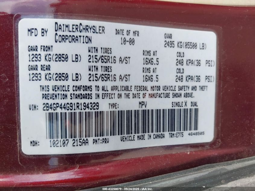 2001 Dodge Grand Caravan Sport VIN: 2B4GP44G91R194329 Lot: 43258079