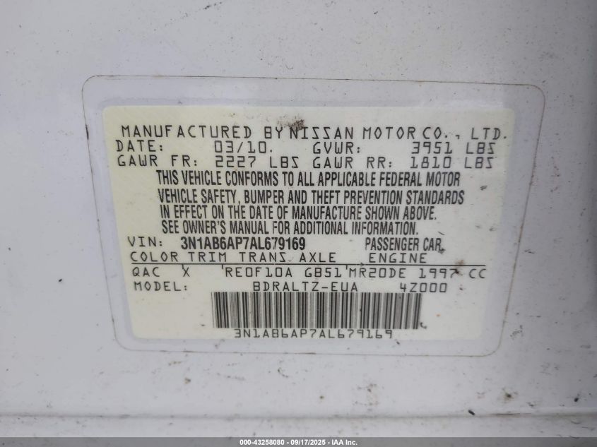 2010 Nissan Sentra 2.0Sr VIN: 3N1AB6AP7AL679169 Lot: 43258080