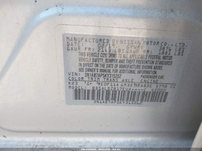 2019 Nissan Sentra Sv VIN: 3N1AB7AP5KY315262 Lot: 43258095