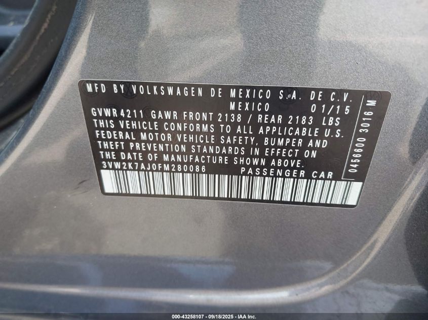 2015 Volkswagen Jetta 2.0L S VIN: 3VW2K7AJ0FM280086 Lot: 43258107