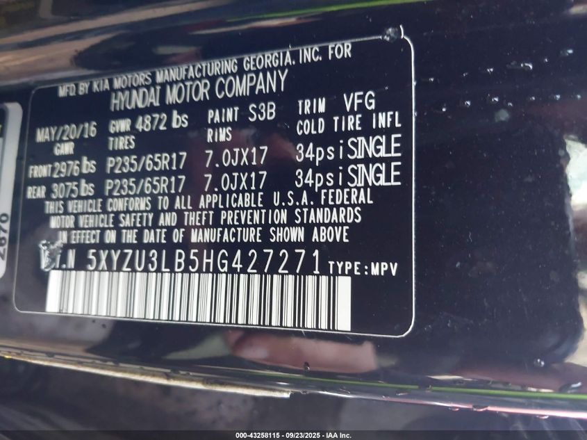 2017 Hyundai Santa Fe Sport 2.4L VIN: 5XYZU3LB5HG427271 Lot: 43258115