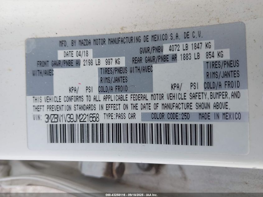 2018 Mazda Mazda3 Touring VIN: 3MZBN1V39JM221658 Lot: 43258116