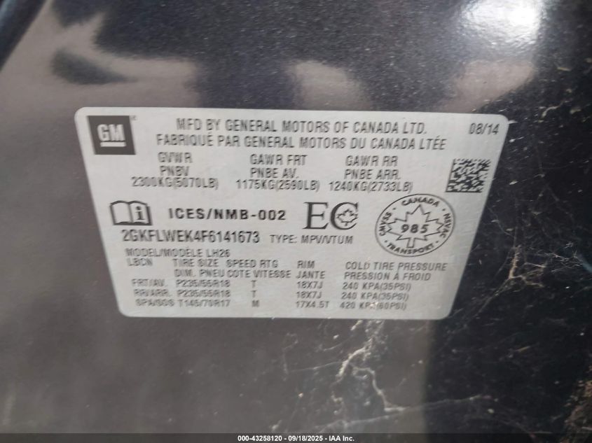 2015 GMC Terrain Sle-2 VIN: 2GKFLWEK4F6141673 Lot: 43258120