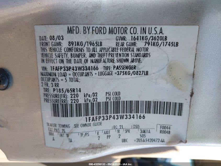 2003 Ford Focus Lx VIN: 1FAFP33P43W334166 Lot: 43258133