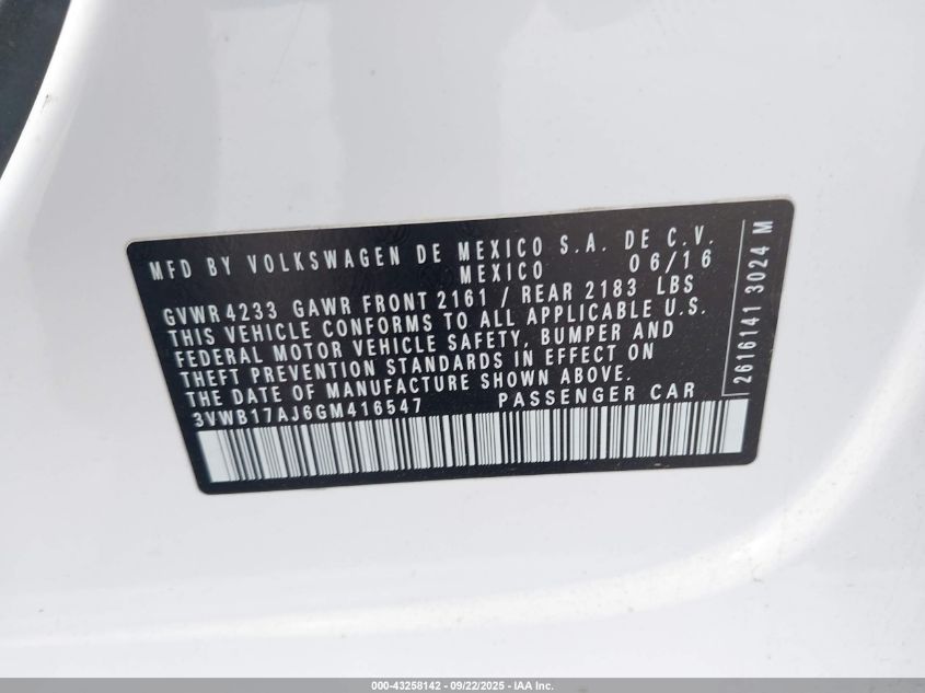 2016 Volkswagen Jetta 1.8T Sport VIN: 3VWB17AJ6GM416547 Lot: 43258142