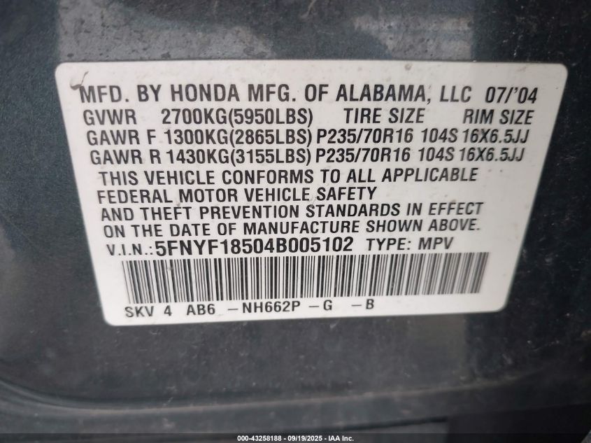 2004 Honda Pilot Ex-L VIN: 5FNYF18504B005102 Lot: 43258188