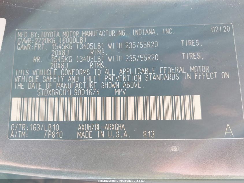 2020 Toyota Highlander Hybrid Limited VIN: 5TDXBRCH1LS001674 Lot: 43258189