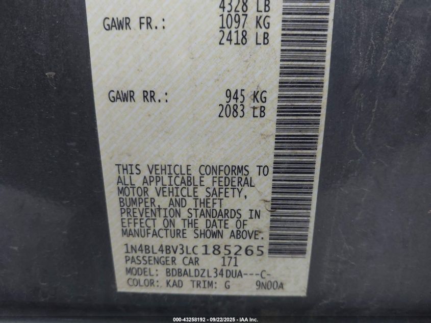 2020 Nissan Altima S Fwd VIN: 1N4BL4BV3LC185265 Lot: 43258192