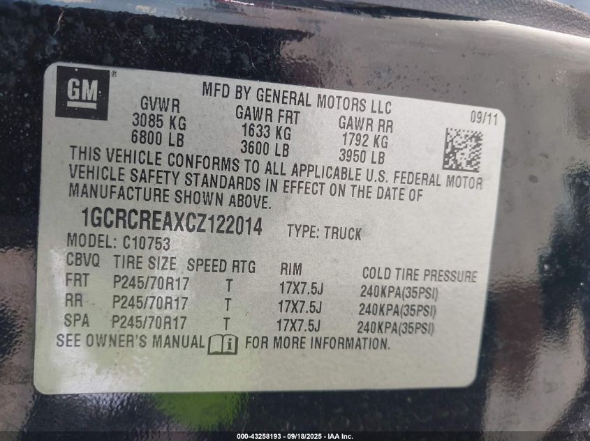 2012 Chevrolet Silverado 1500 Ls VIN: 1GCRCREAXCZ122014 Lot: 43258193