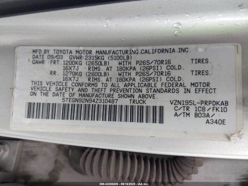 2004 Toyota Tacoma Prerunner V6 VIN: 5TEGN92N94Z310487 Lot: 43258200