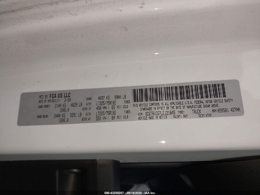 2020 Ram Promaster 2500 High Roof 159 Wb VIN: 3C6TRVDG7LE121845 Lot: 43258207