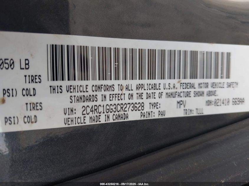 2012 Chrysler Town & Country Limited VIN: 2C4RC1GG3CR273628 Lot: 43258216