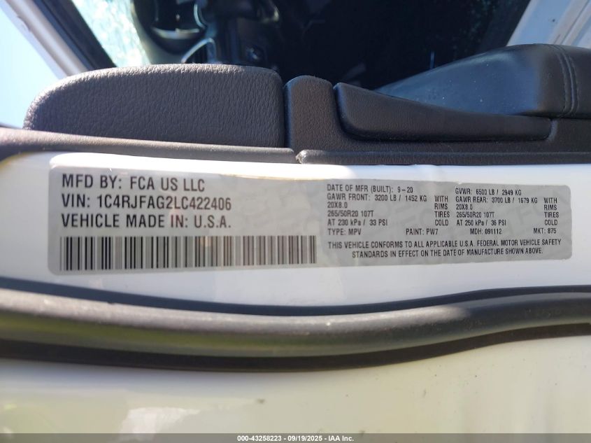 2020 Jeep Grand Cherokee Altitude 4X4 VIN: 1C4RJFAG2LC422406 Lot: 43258223