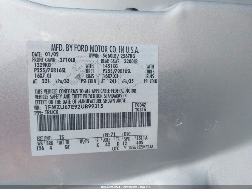 2002 Ford Explorer Sport Trac VIN: 1FMZU67E92UB99315 Lot: 43258224