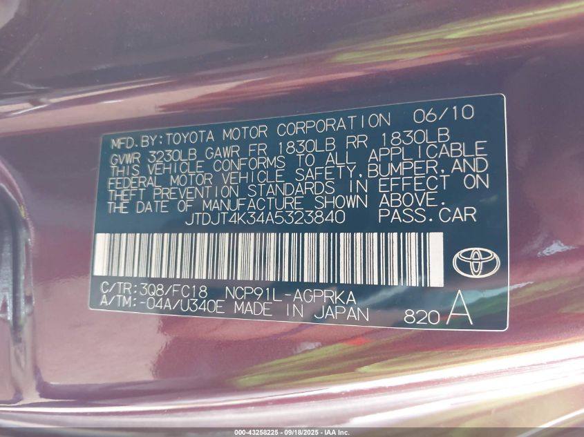 2010 Toyota Yaris VIN: JTDJT4K34A5323840 Lot: 43258225