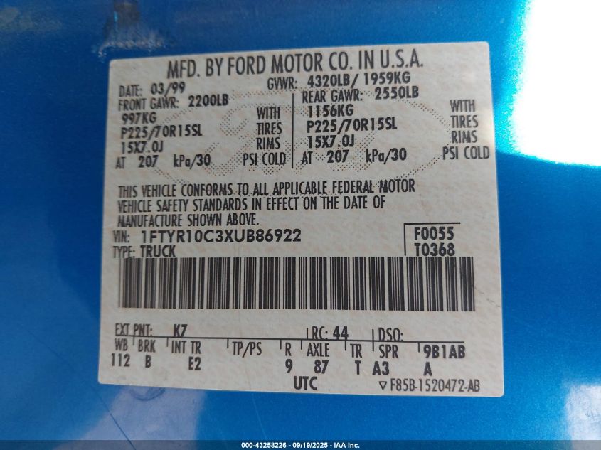 1999 Ford Ranger Xl/Xlt VIN: 1FTYR10C3XUB86922 Lot: 43258226