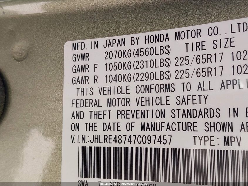 2007 Honda Cr-V Ex-L VIN: JHLRE48747C097457 Lot: 43258228