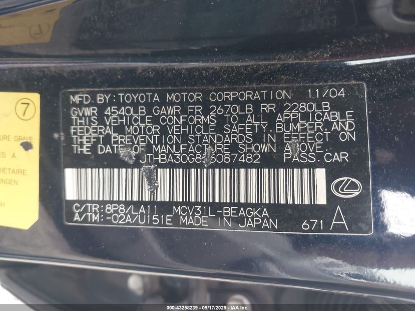2005 Lexus Es 330 VIN: JTHBA30G855087482 Lot: 43258239