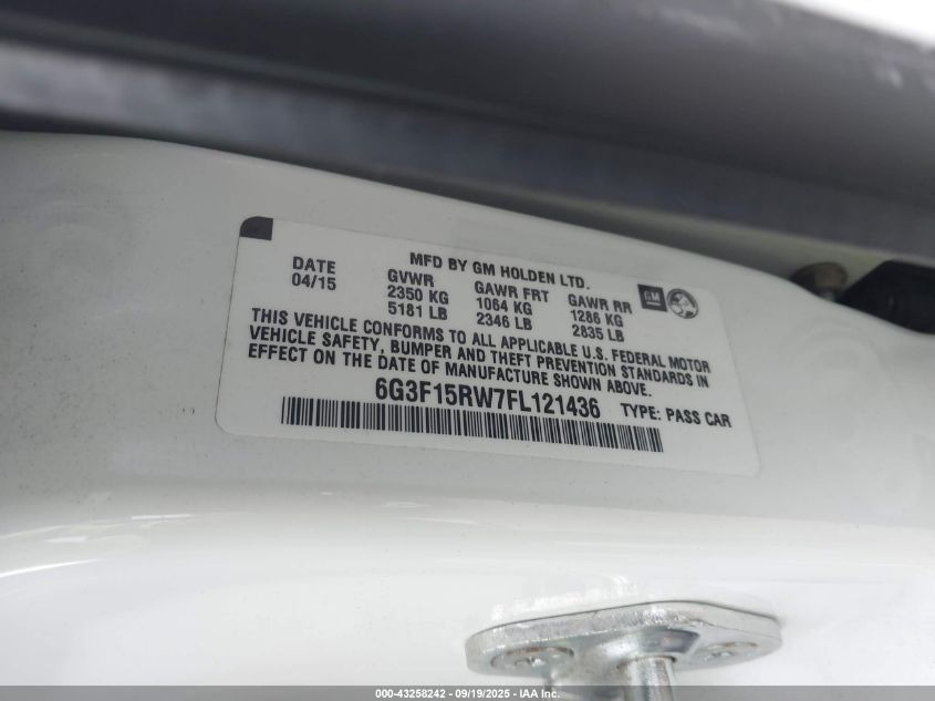 2015 Chevrolet Ss VIN: 6G3F15RW7FL121436 Lot: 43258242