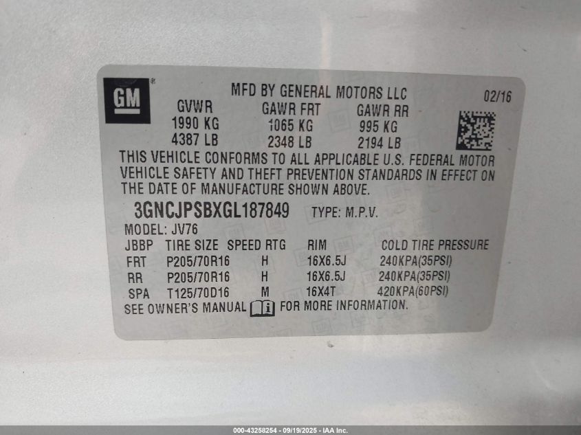 2016 Chevrolet Trax Lt VIN: 3GNCJPSBXGL187849 Lot: 43258254