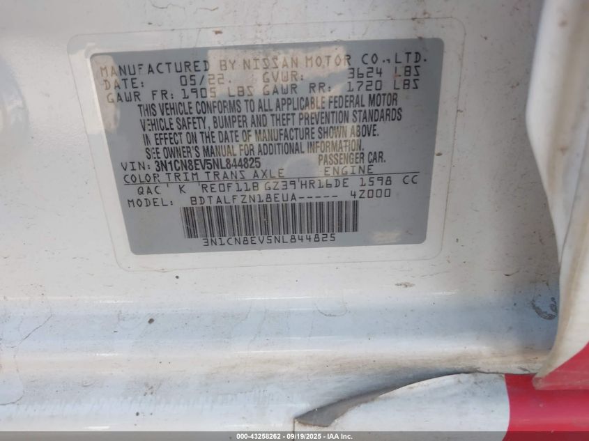 2022 Nissan Versa 1.6 Sv Xtronic Cvt VIN: 3N1CN8EV5NL844825 Lot: 43258262